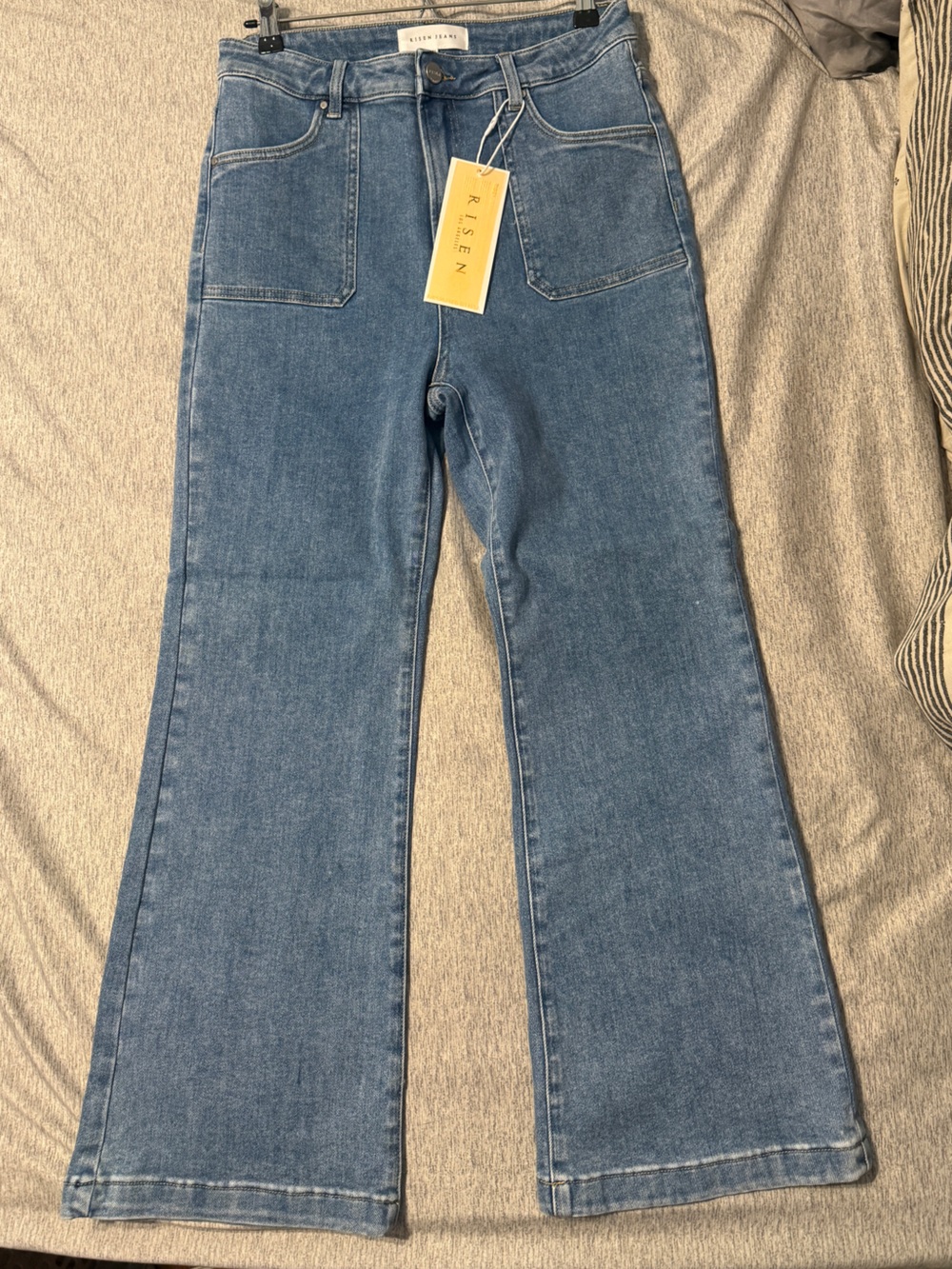 RISEN High-Rise Ankle Kick flare Wide Leg Jeans in Medium Blue